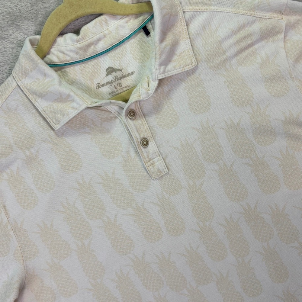 Tommy Bahama Mens Polo Shirt Large Cream Pineapple Print Cotton Short Sleeve